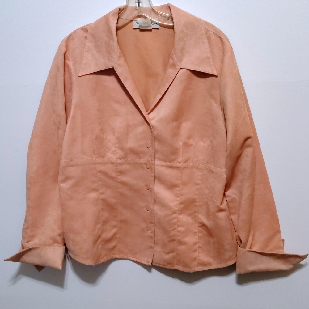 Sharon Young XL‎ Peach Suede Feel Button Down Long Sleeve Career Blouse